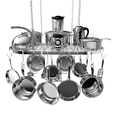 Vdomus hanging pot rack with ceiling mount offering sturdy storage for organized cookware.