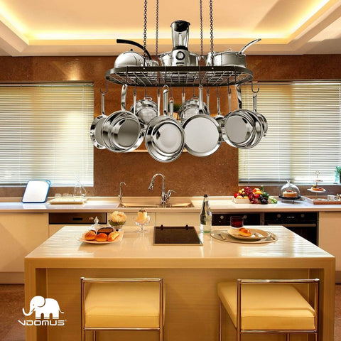 Vdomus kitchen organization rack keeps pots, pans, and utensils organized