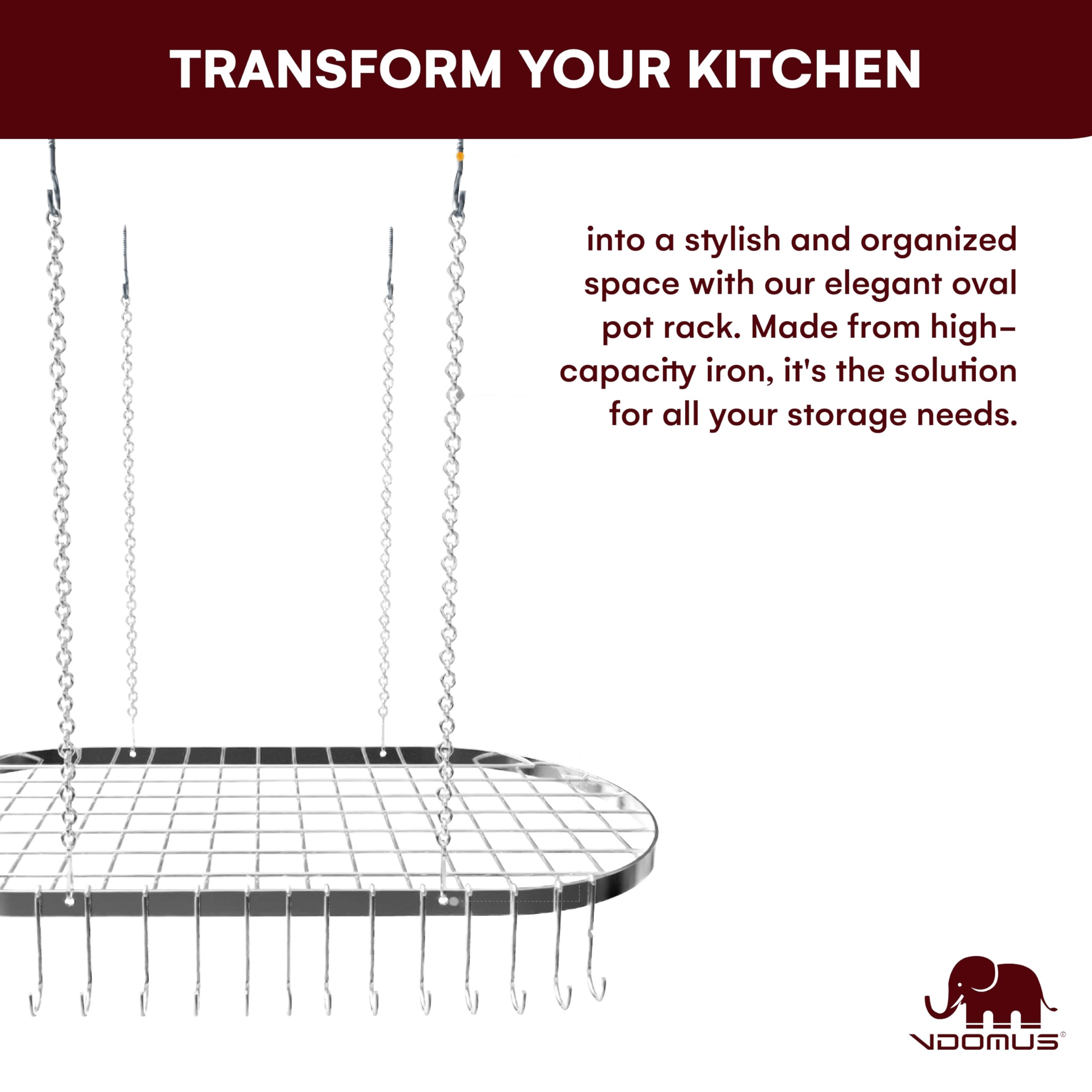 Vdomus heavy-duty iron design resists rust for long-term kitchen organization.