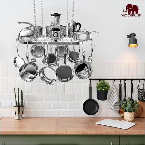 Vdomus multipurpose rack stores cookware or utensils, reducing clutter.
