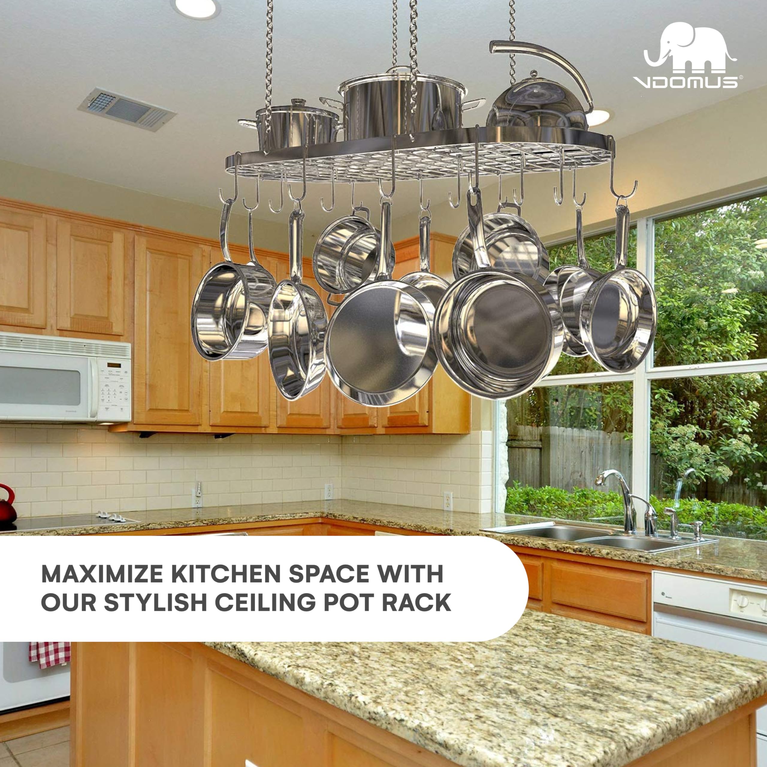 Vdomus 15 hooks display easy access to pots, pans, and utensils.
