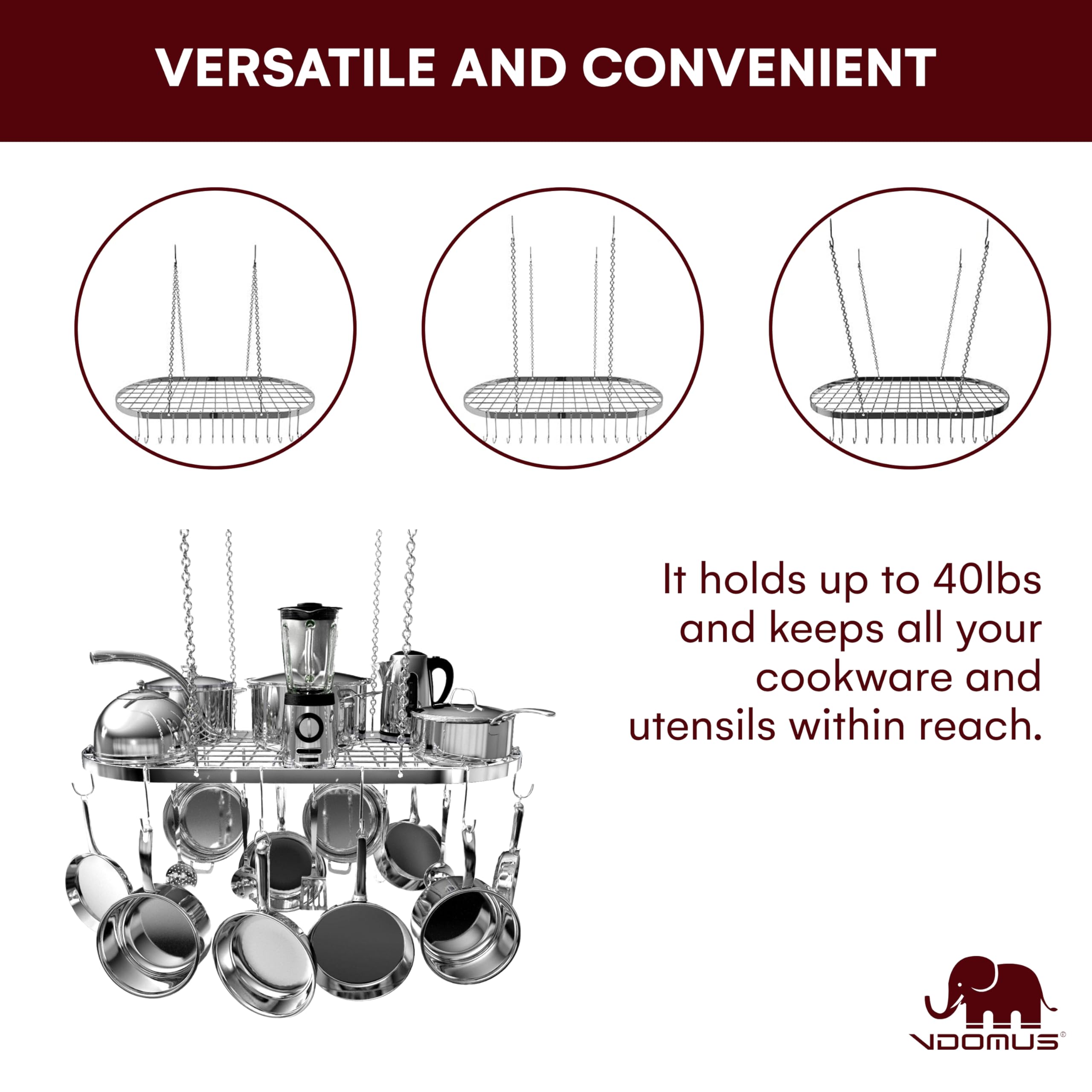 Vdomus pot rack 33 by 17 inches maximizes ceiling space in busy kitchens.
