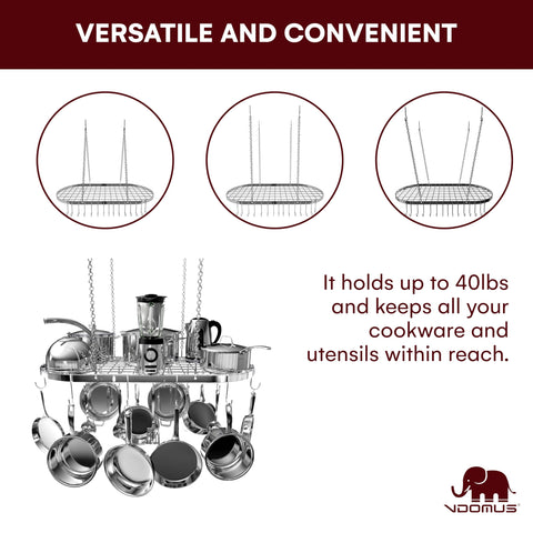 Vdomus pot rack 33 by 17 inches maximizes ceiling space in busy kitchens.