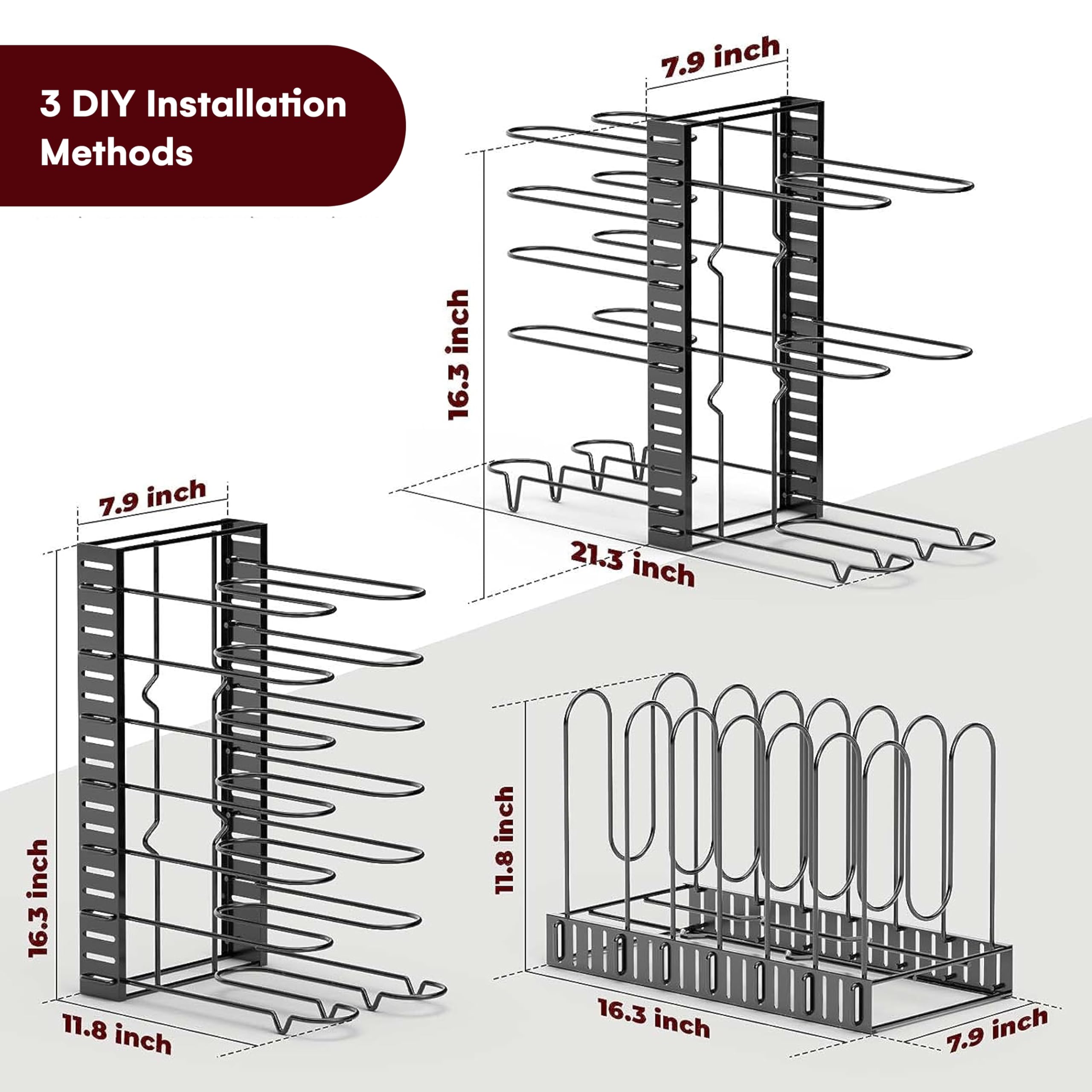 Vdomus pot rack organizer displaying three DIY setup methods