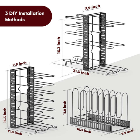 Vdomus pot rack organizer displaying three DIY setup methods