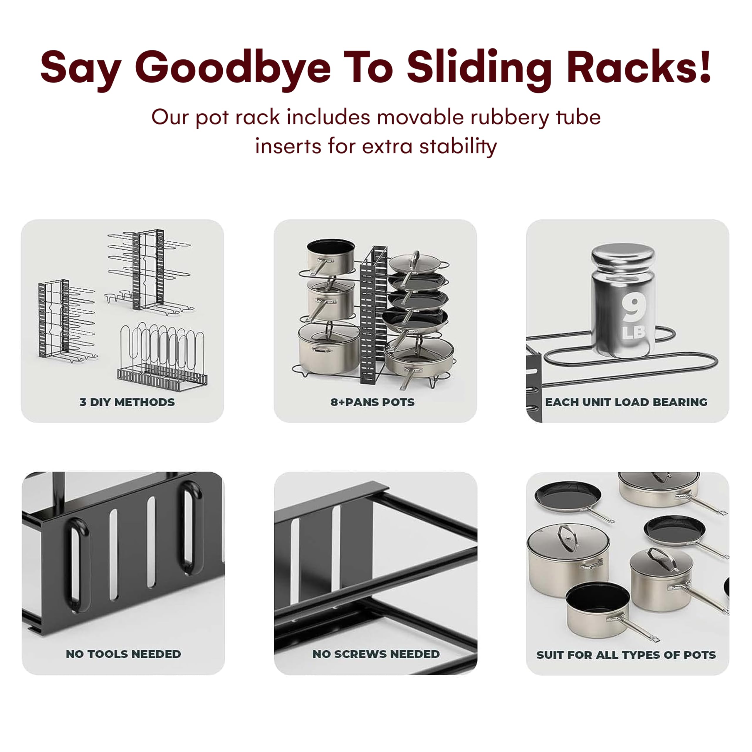 Vdomus pot rack organizer with pots neatly arranged to save kitchen space