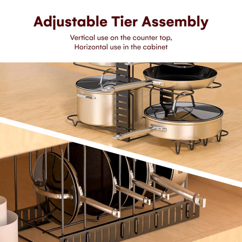 Vdomus pot rack organizer side view demonstrates height-adjustable placement for tall pots