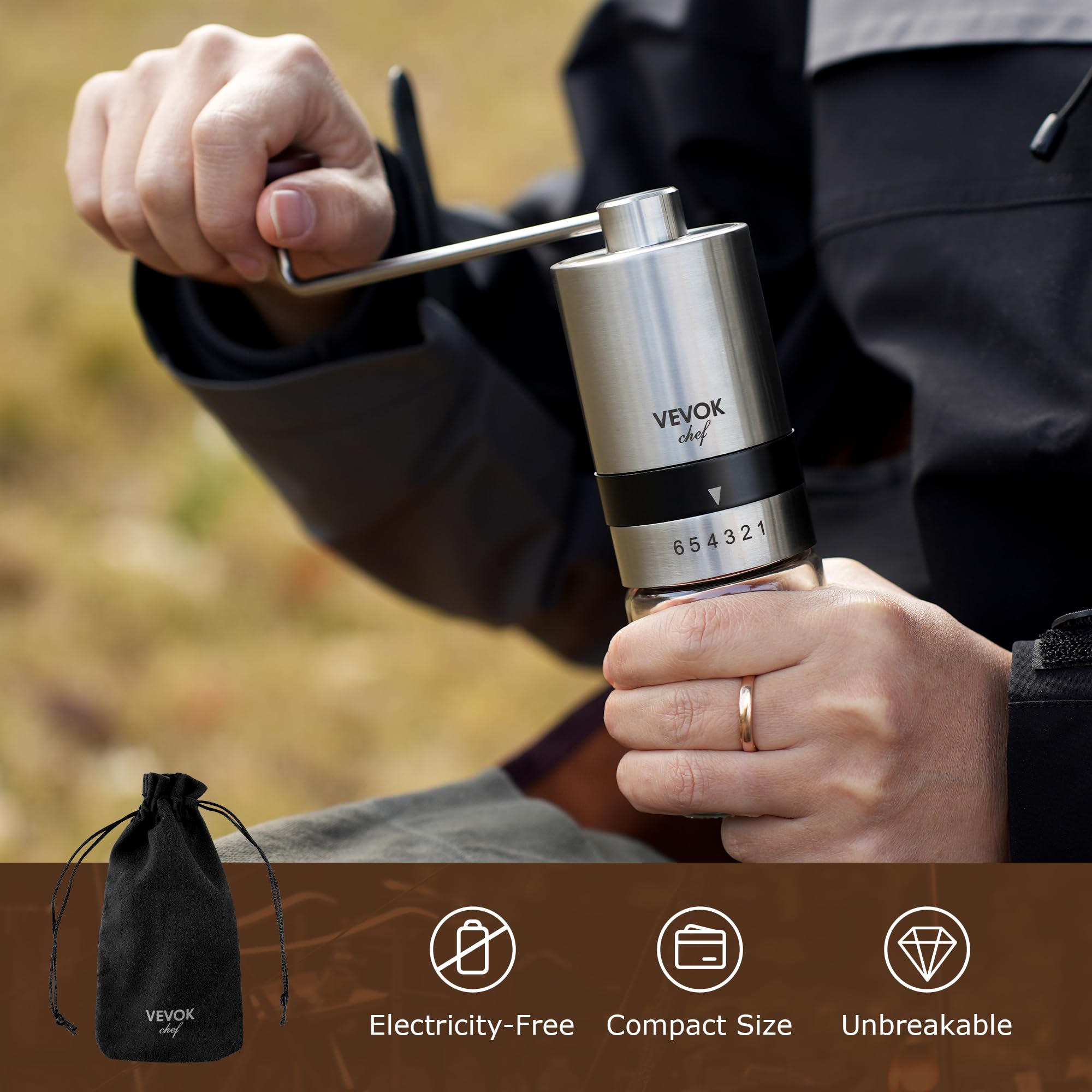 VEVOK CHEF hopper stores 15–20 grams of beans for 1–2 cups