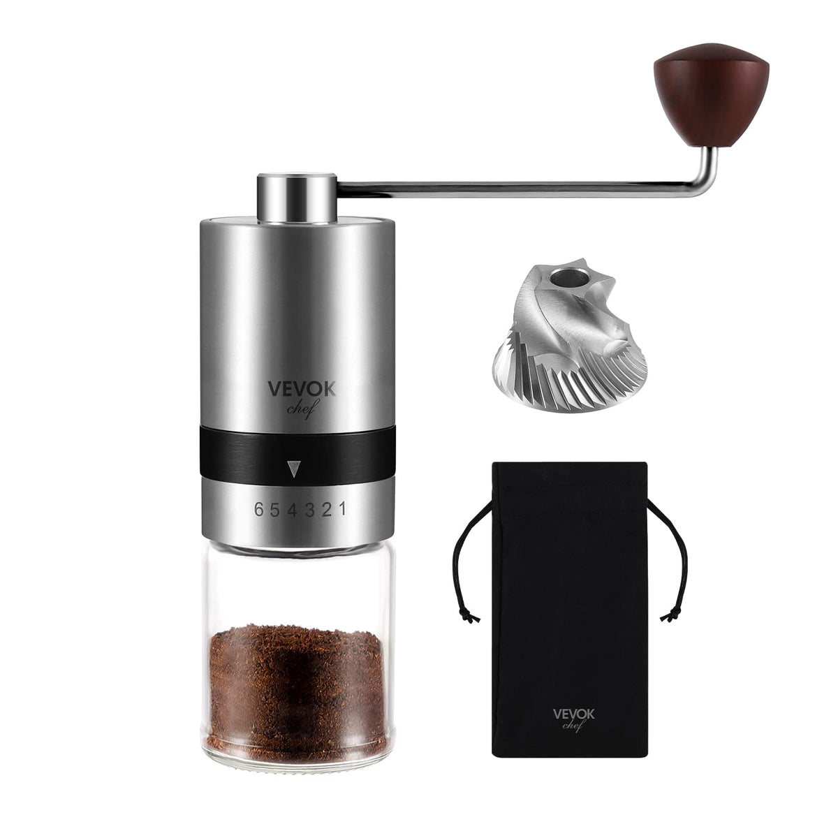 VEVOK CHEF manual grinder with six external settings for precise espresso to cold brew