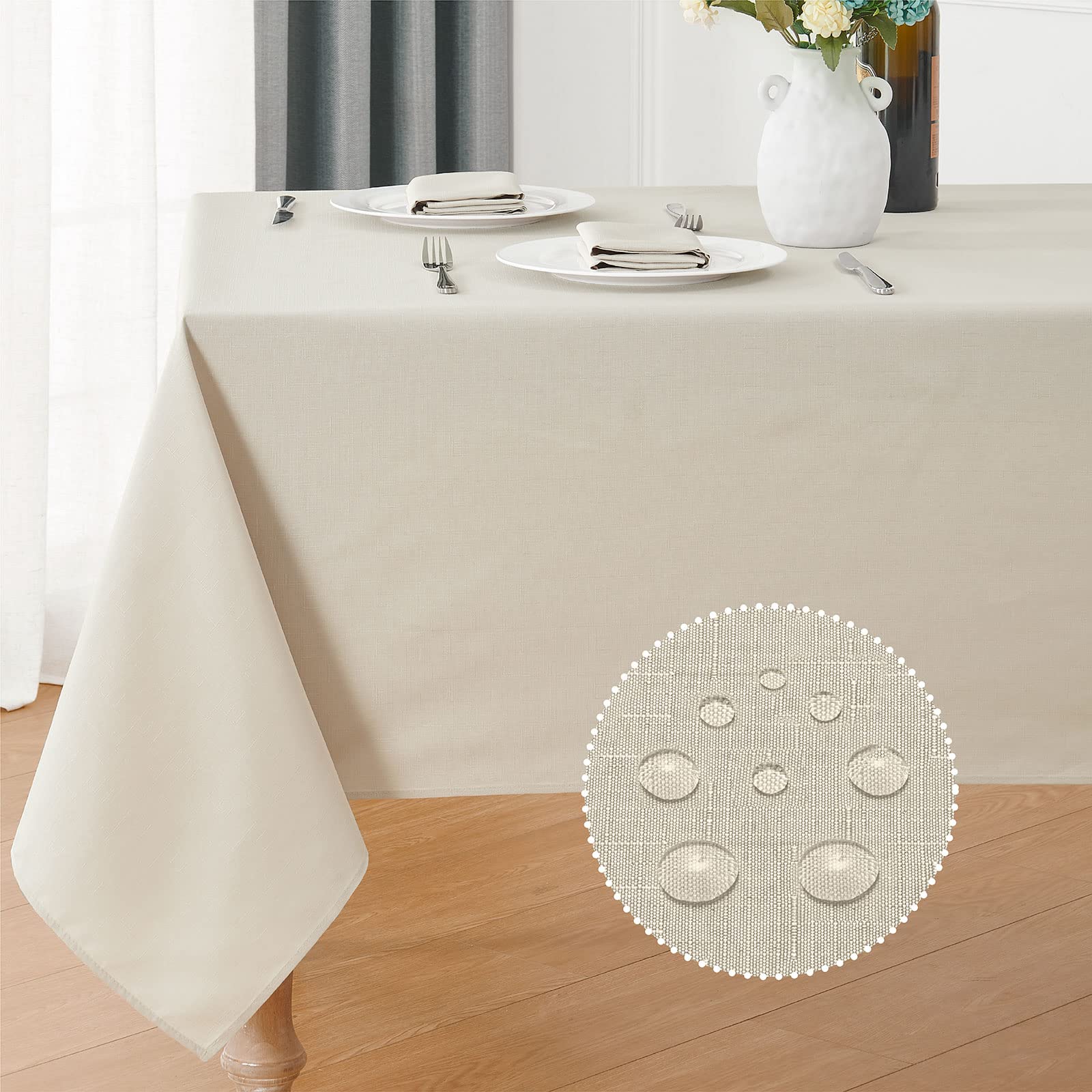 Veblandy beige rectangle tablecloth with faux linen texture for spill protection
