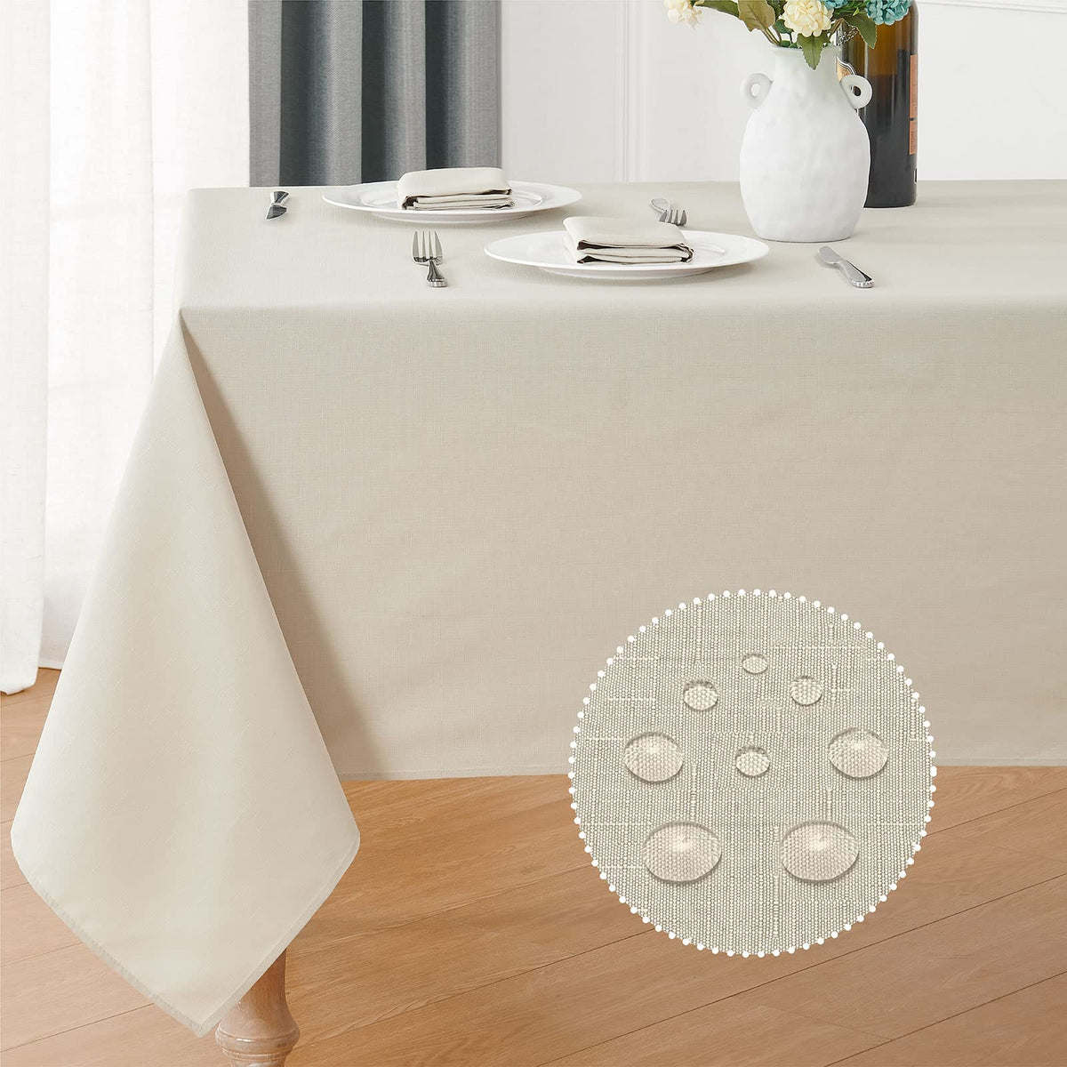 Veblandy beige rectangle tablecloth with faux linen texture for spill protection