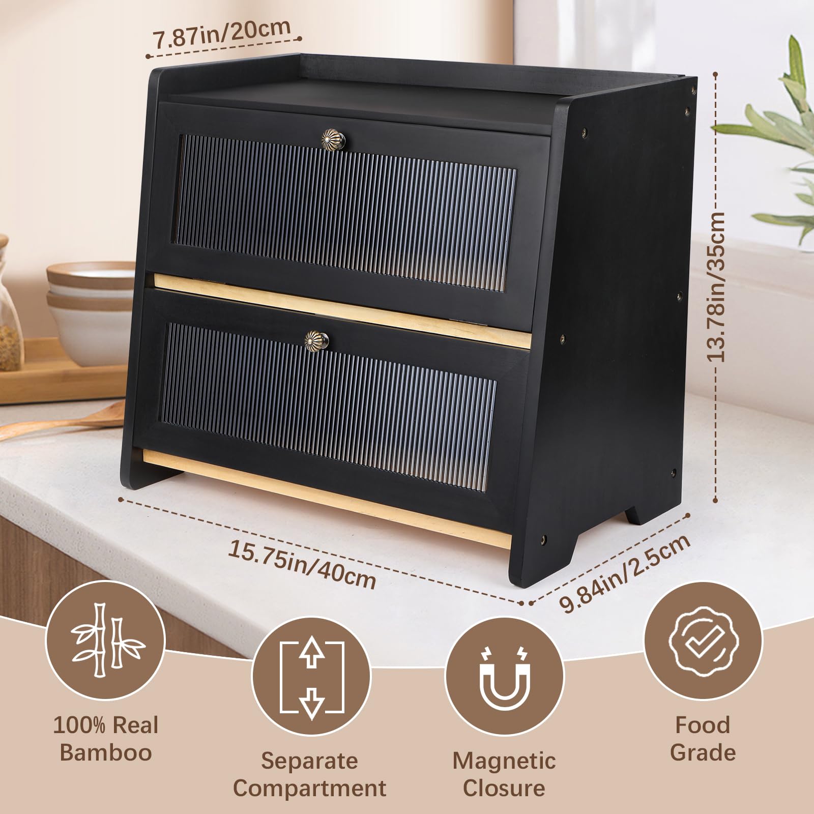 VEDALIO bamboo bread box with magnetic door helps preserve freshness by sealing moisture.