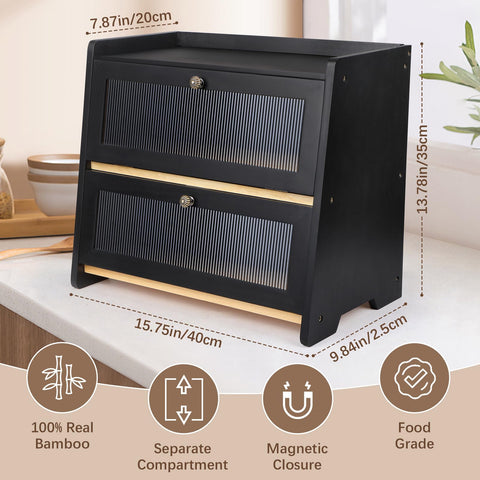 VEDALIO bamboo bread box with magnetic door helps preserve freshness by sealing moisture.
