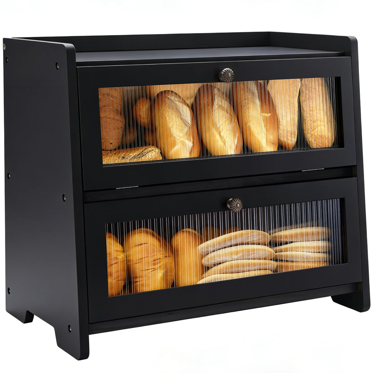 VEDALIO black bread box on countertop keeps bread organized and accessible.