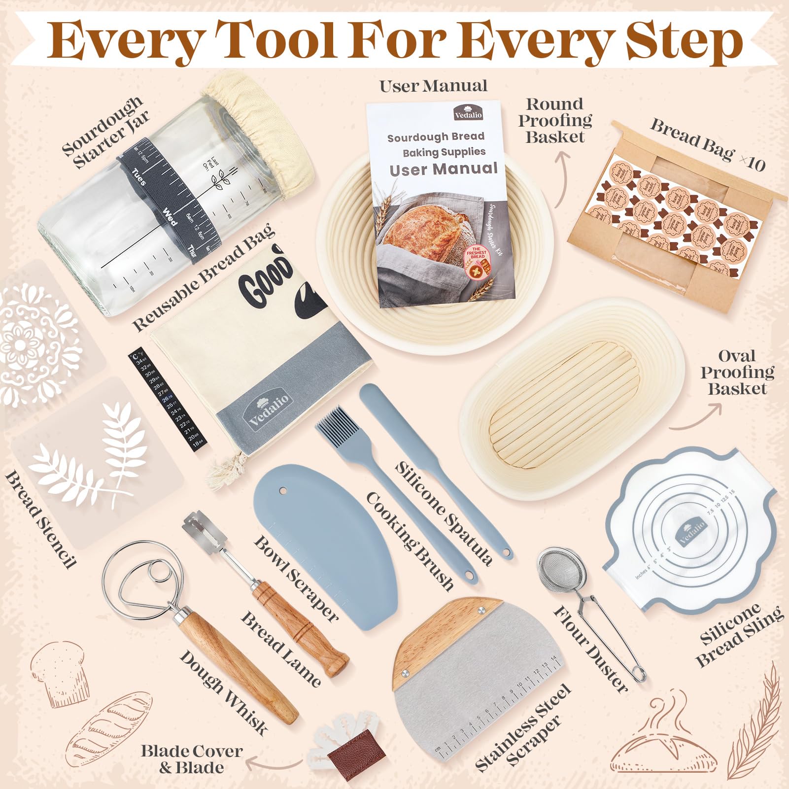 VEDALIO flour duster distributing flour evenly for dust-free shaping.
