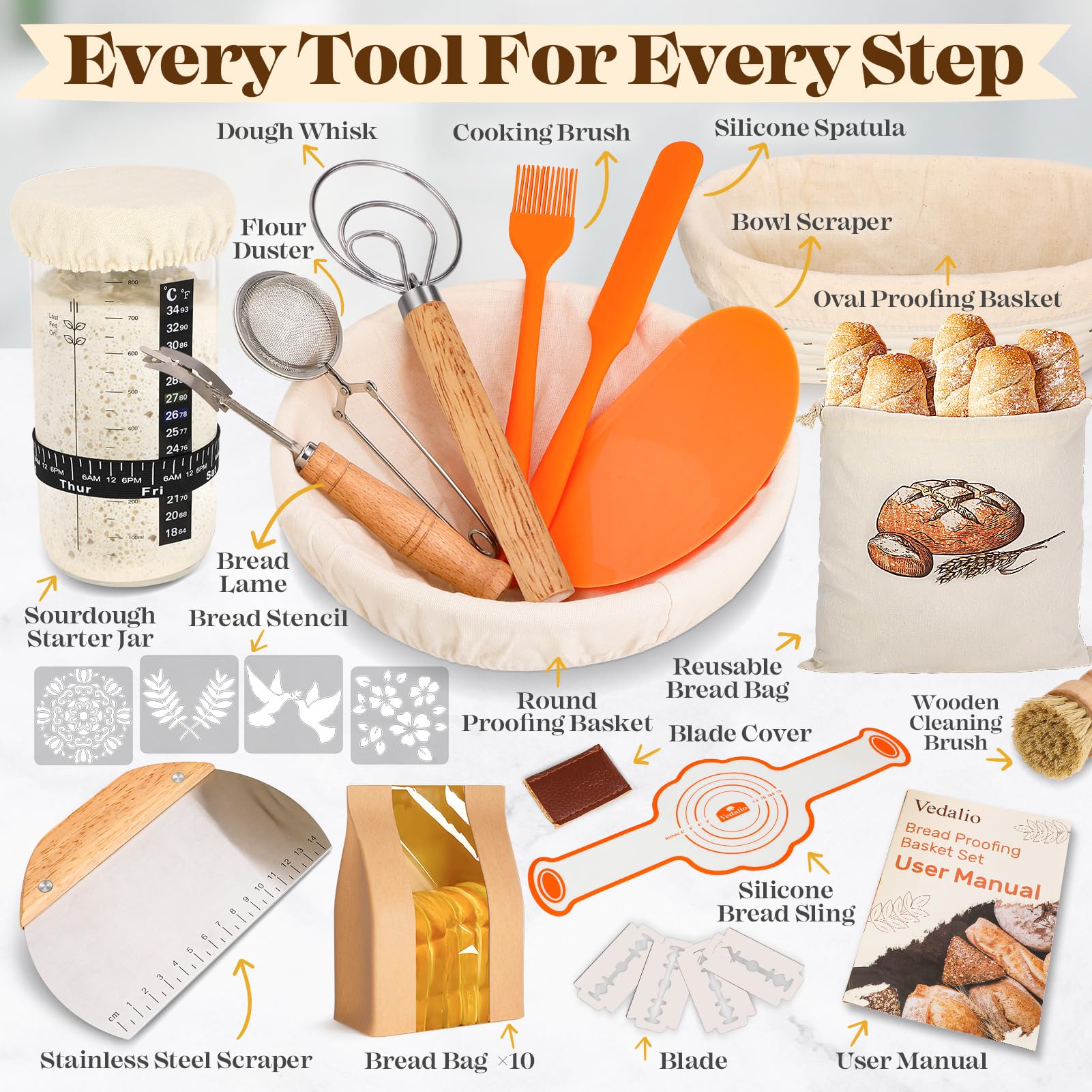 VEDALIO oval proofing basket 10 inch maintains dough shape for even proofing.