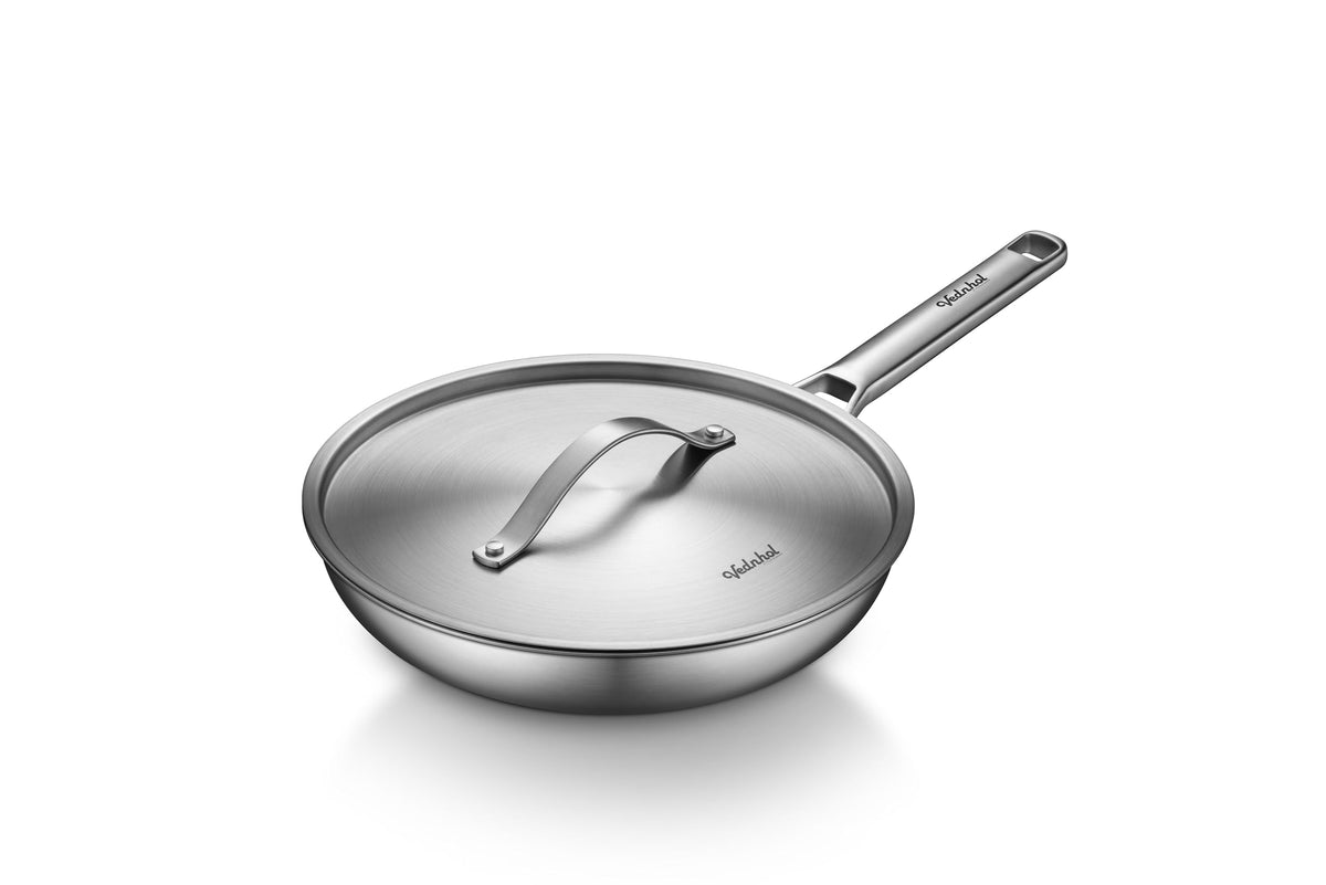 VEDNHOL tri-ply 12-inch pan interior view showing even heat distribution for searing