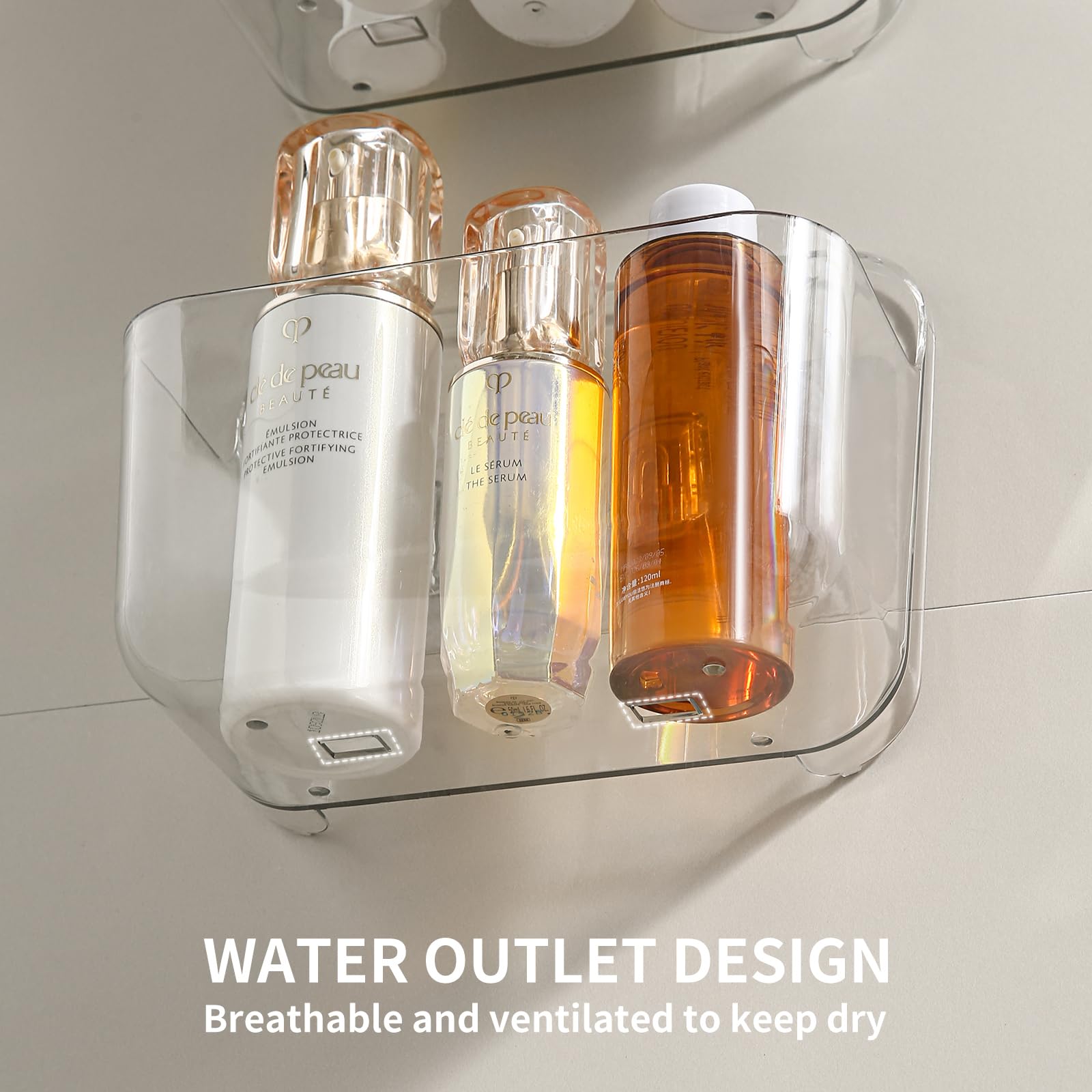 Veefos wall-mounted shower caddy keeps bathroom items organized.