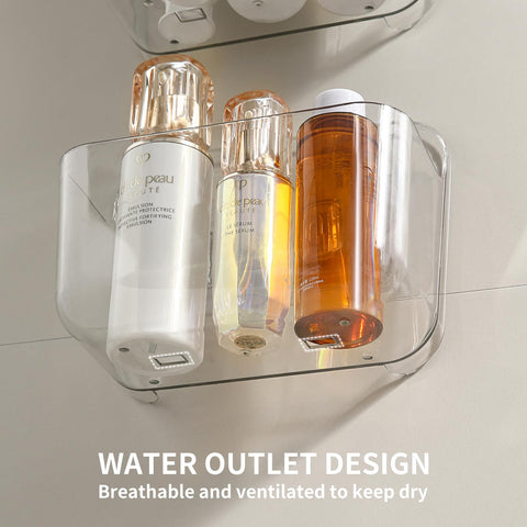 Veefos wall-mounted shower caddy keeps bathroom items organized.