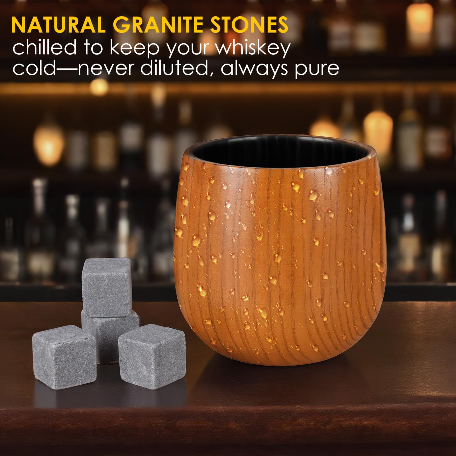 Veelgeluk reusable whiskey stones set keeps drinks cool without watering down.