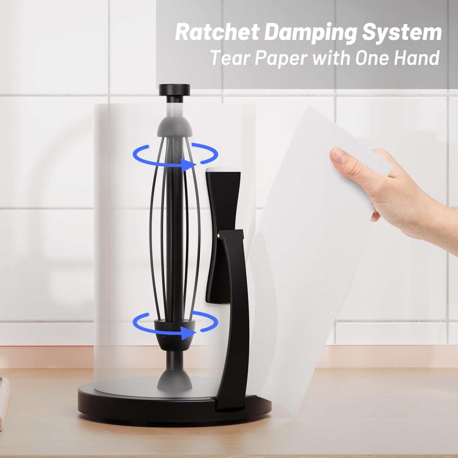 Vehhe spring arm supports the roll for smooth one-handed tearing.