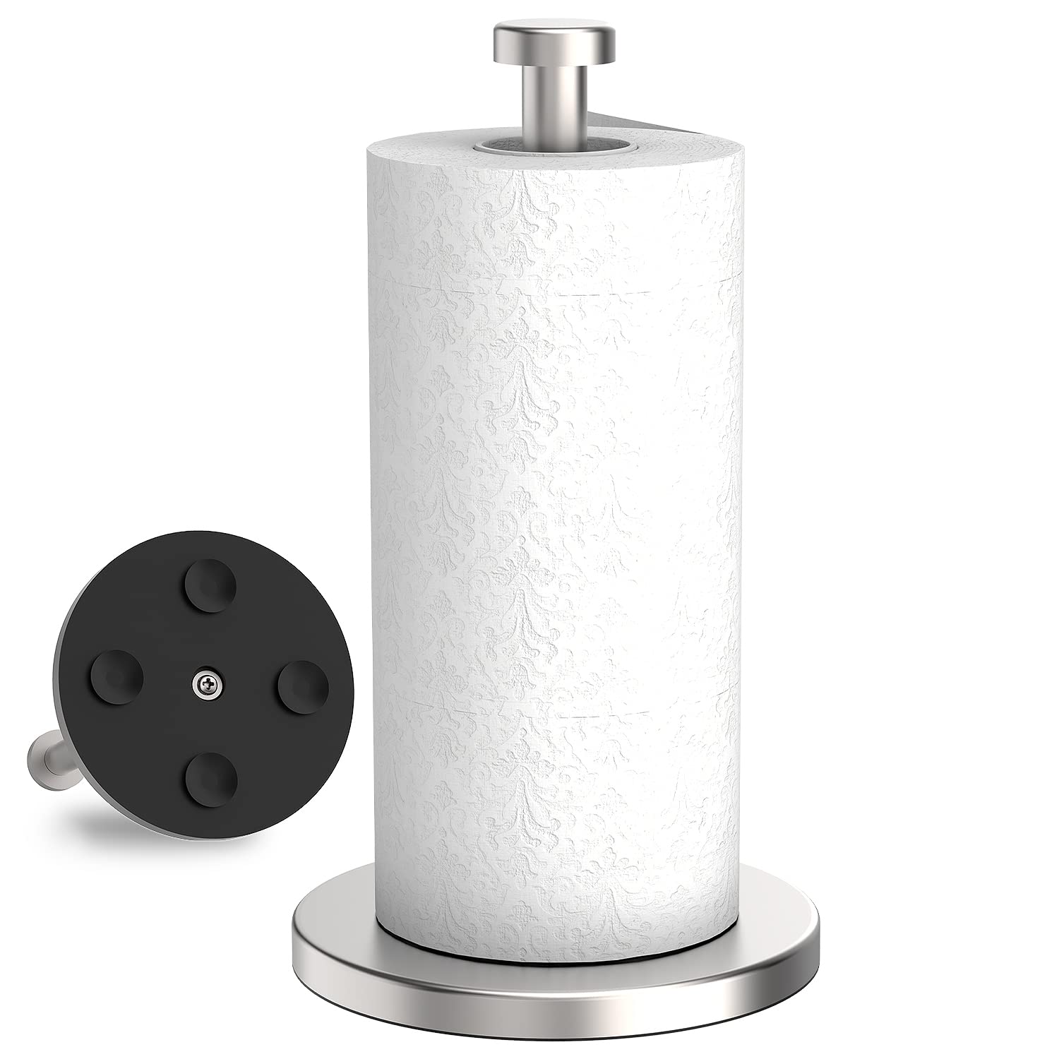 VEHHE paper towel holder in stainless steel offers easy countertop access.