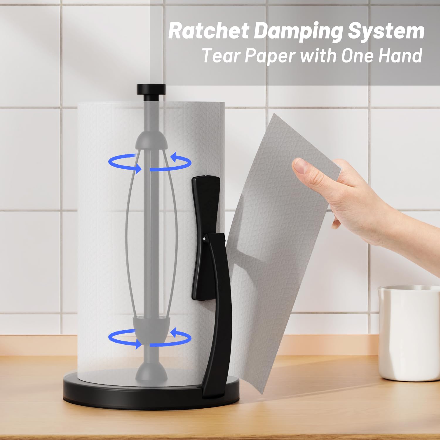 VEHHE stainless steel paper towel holder with spring arm steadies rolls for smooth tearing