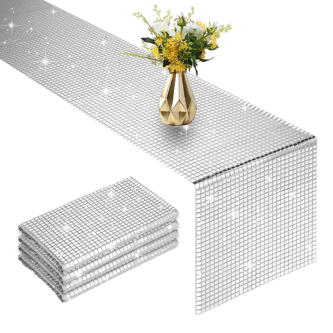 Vehipa glitter disco table runner with silver mirror finish enhances party ambiance.