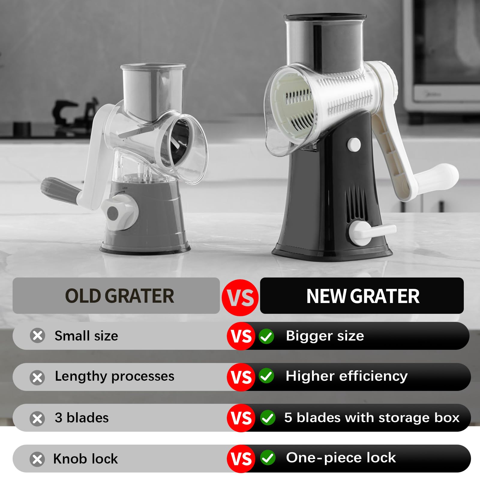 VEKAYA cheese shredder with storage box keeps blades organized.