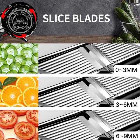 VEKAYA mandoline adjustable knob for precise thin to thick slices.