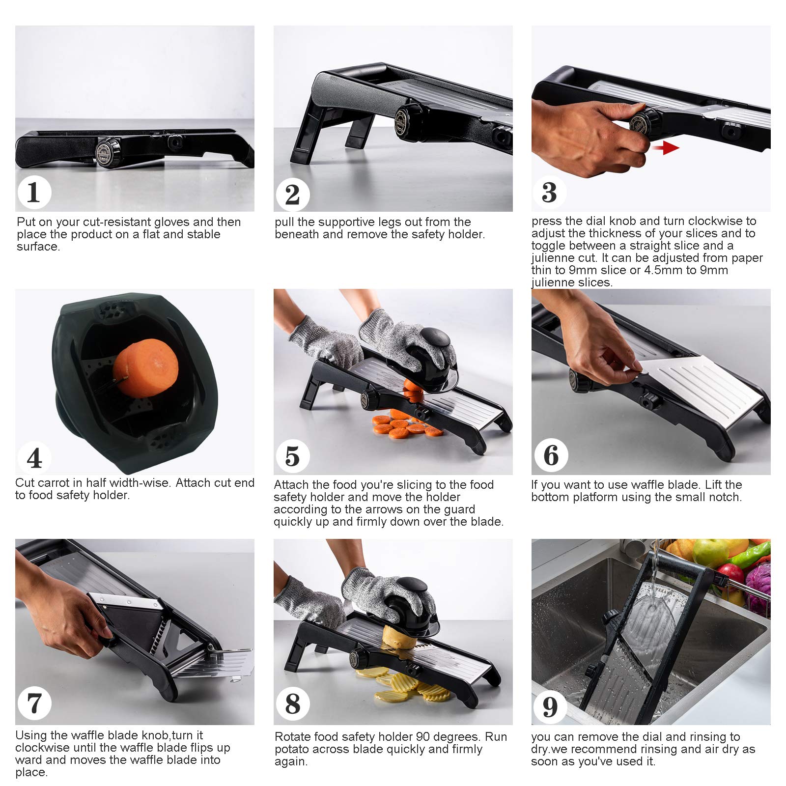 Included gloves and food holder with the VEKAYA slicer for safer use