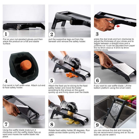 Included gloves and food holder with the VEKAYA slicer for safer use