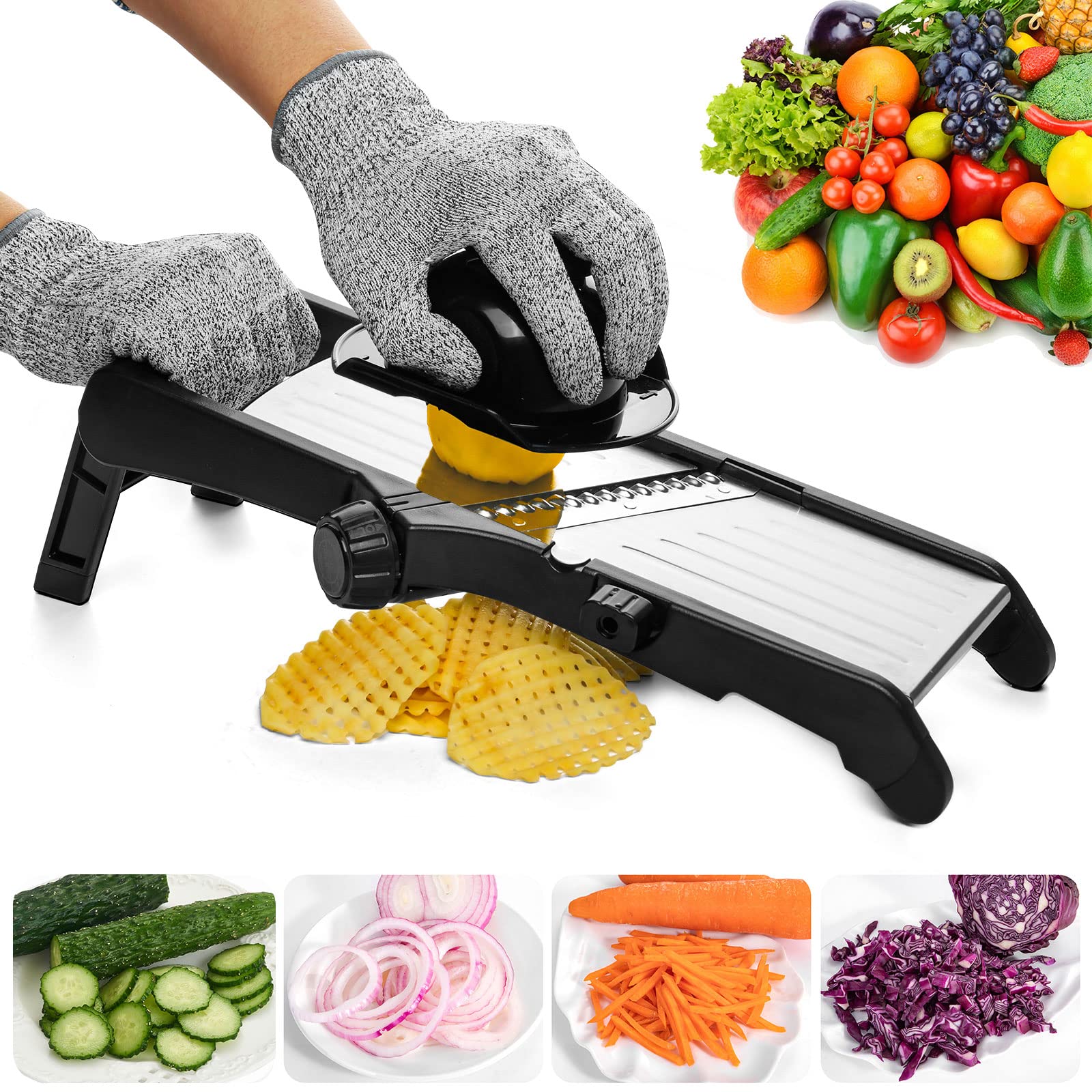 VEKAYA Mandoline Slicer with safety guard enabling touch-free slicing