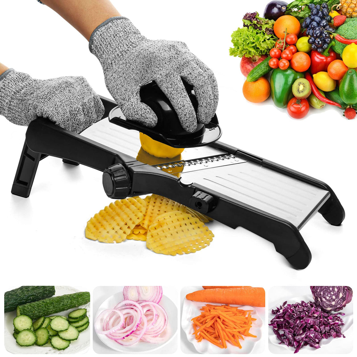 VEKAYA Mandoline Slicer with safety guard enabling touch-free slicing