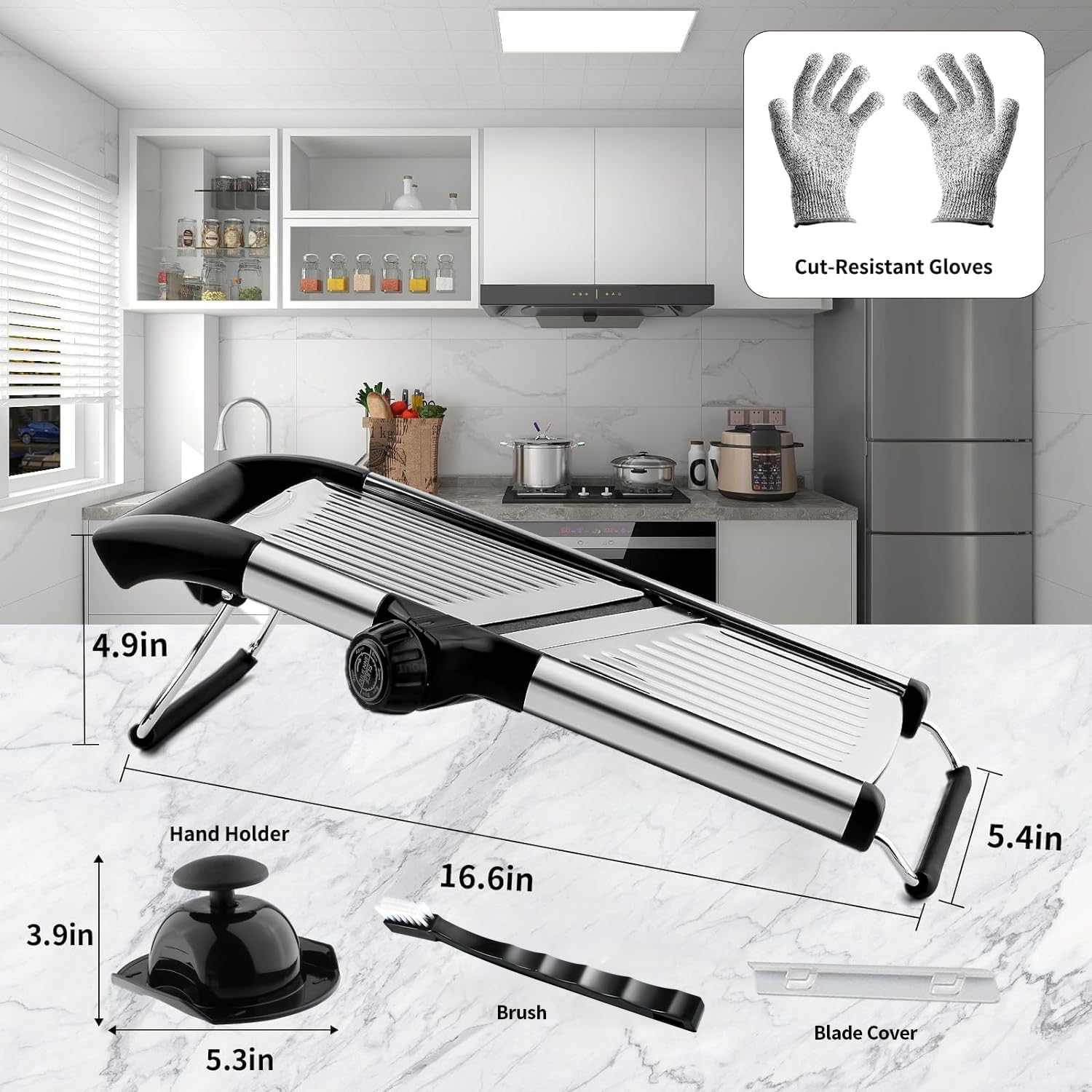 VEKAYA mandoline enables ultra-thin to 9 mm slices for uniform cooking.
