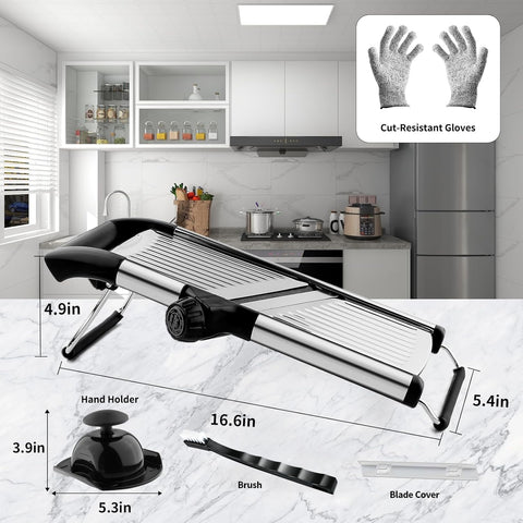 VEKAYA mandoline enables ultra-thin to 9 mm slices for uniform cooking.