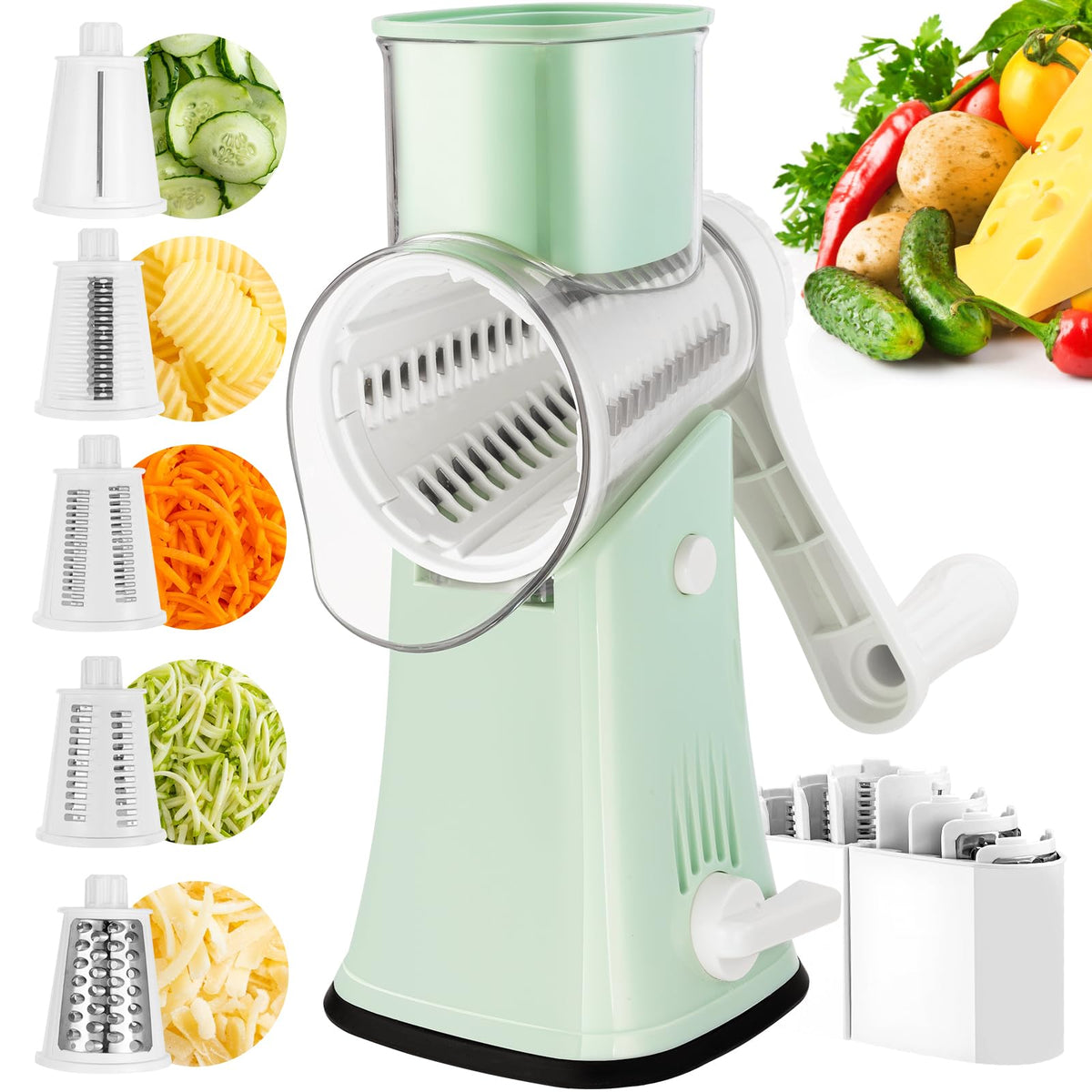 VEKAYA rotary cheese grater assembled with handle for easy shredding