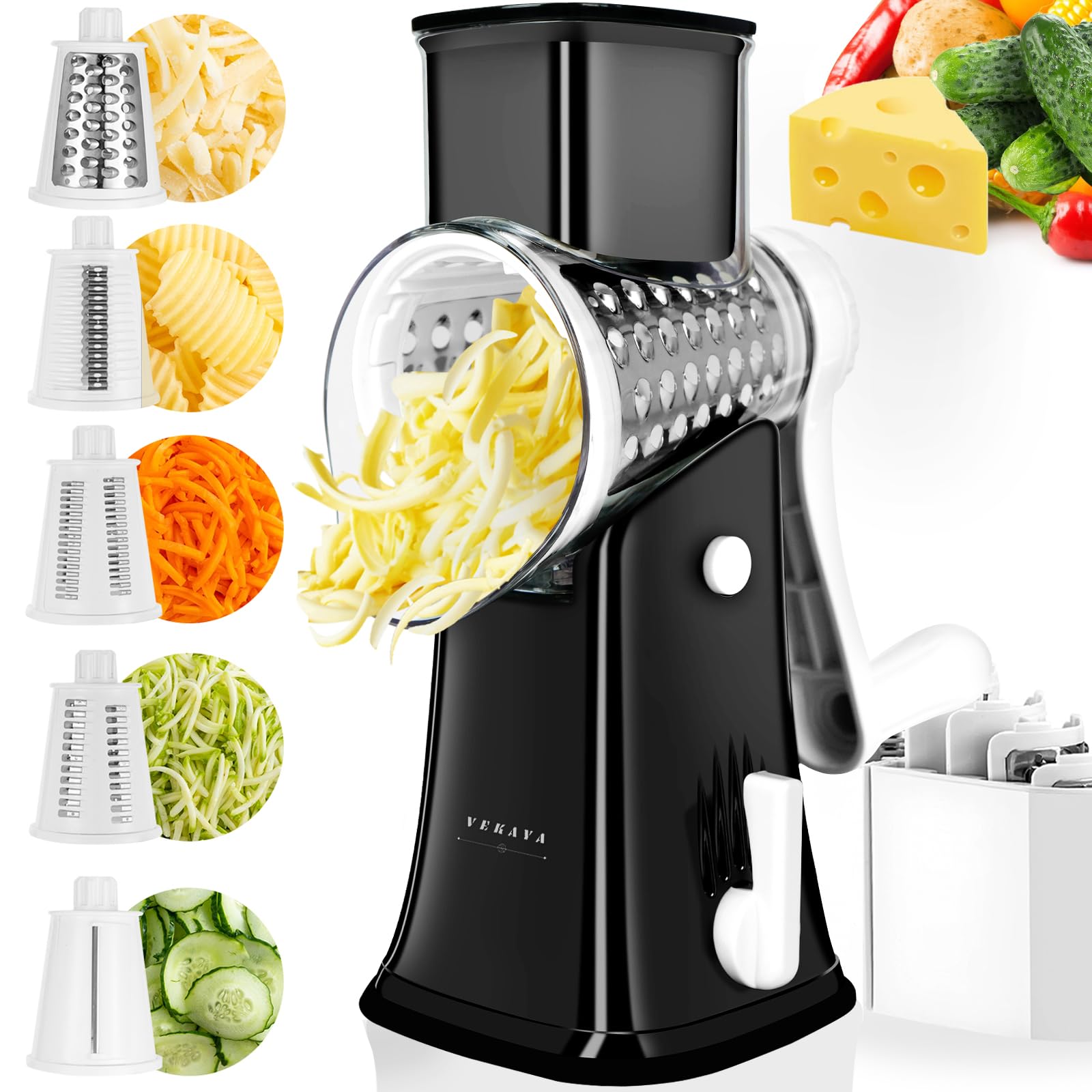 VEKAYA rotary cheese grater with 5 interchangeable blades for versatile prep.