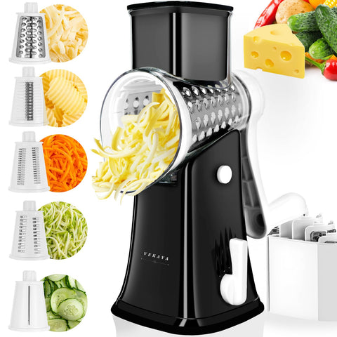 VEKAYA rotary cheese grater with 5 interchangeable blades for versatile prep.