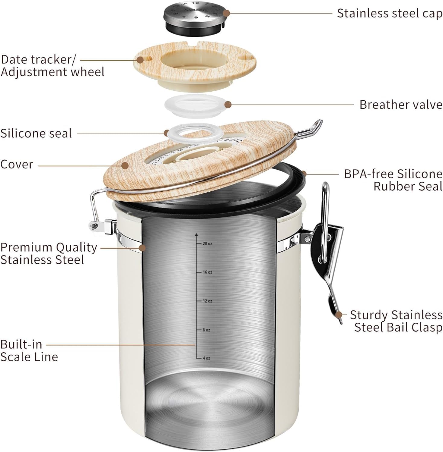 Veken canister scale line enables precise bean measurements for consistent brews.