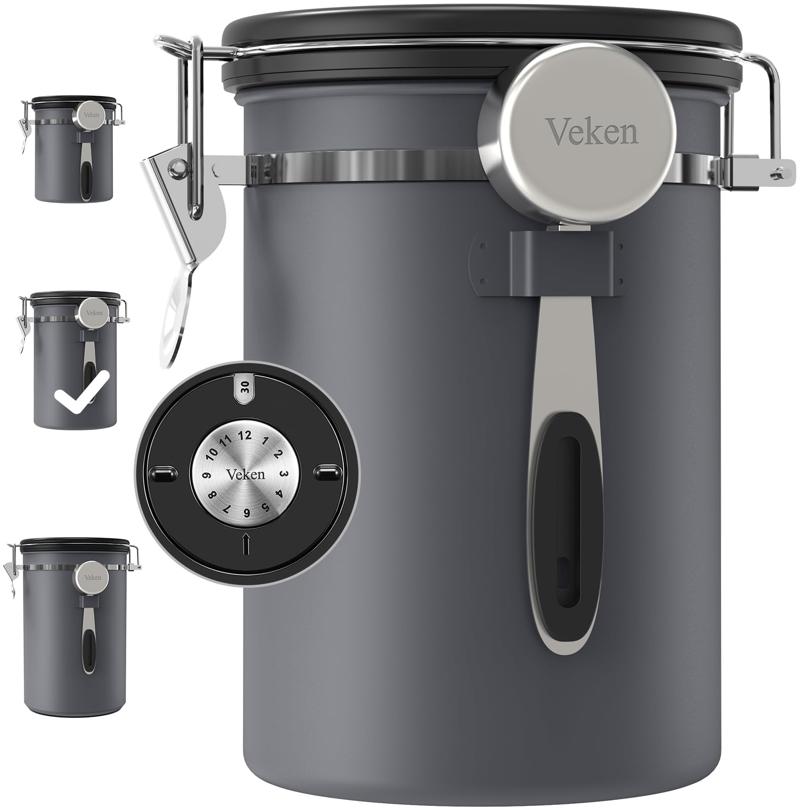 Veken coffee canister with airtight CO2 valve keeps beans fresh and aromatic.