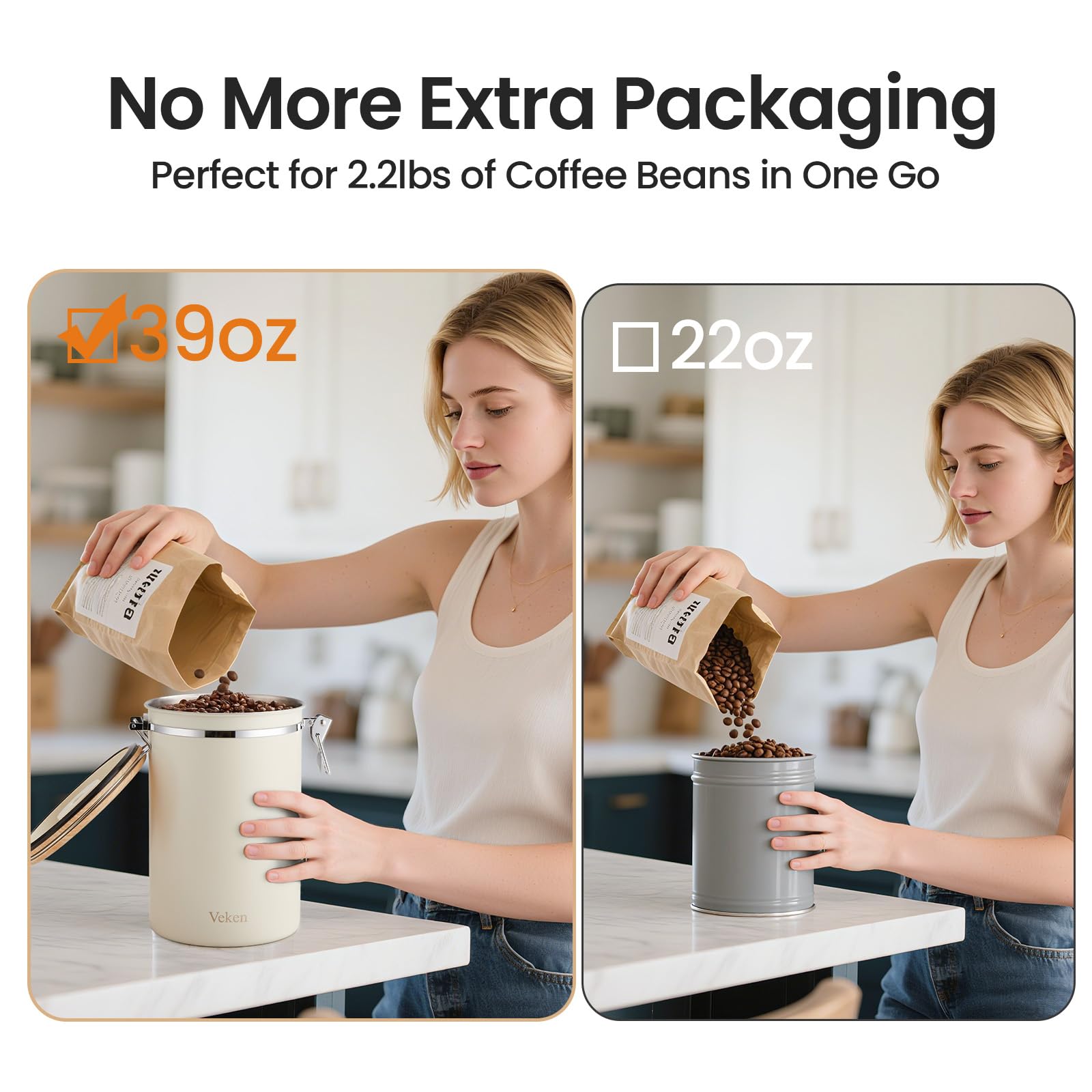 Veken 39oz canister CO2 valve preserves freshness by venting gases.