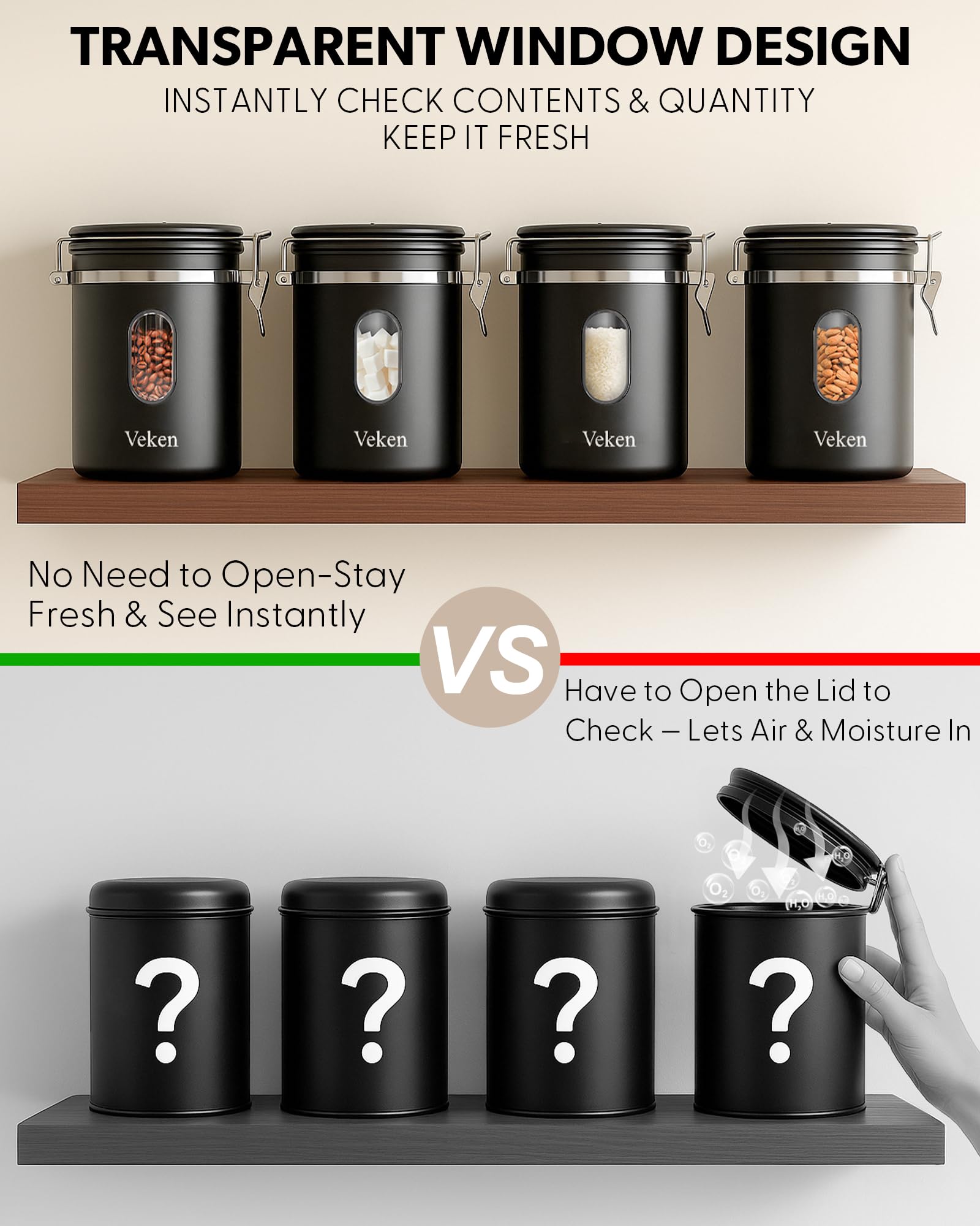 Veken coffee canister with CO2 valve keeps beans fresh by minimizing air exposure.