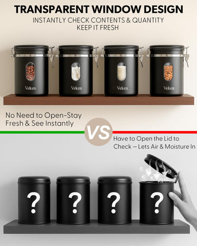 Veken coffee canister with CO2 valve keeps beans fresh by minimizing air exposure.