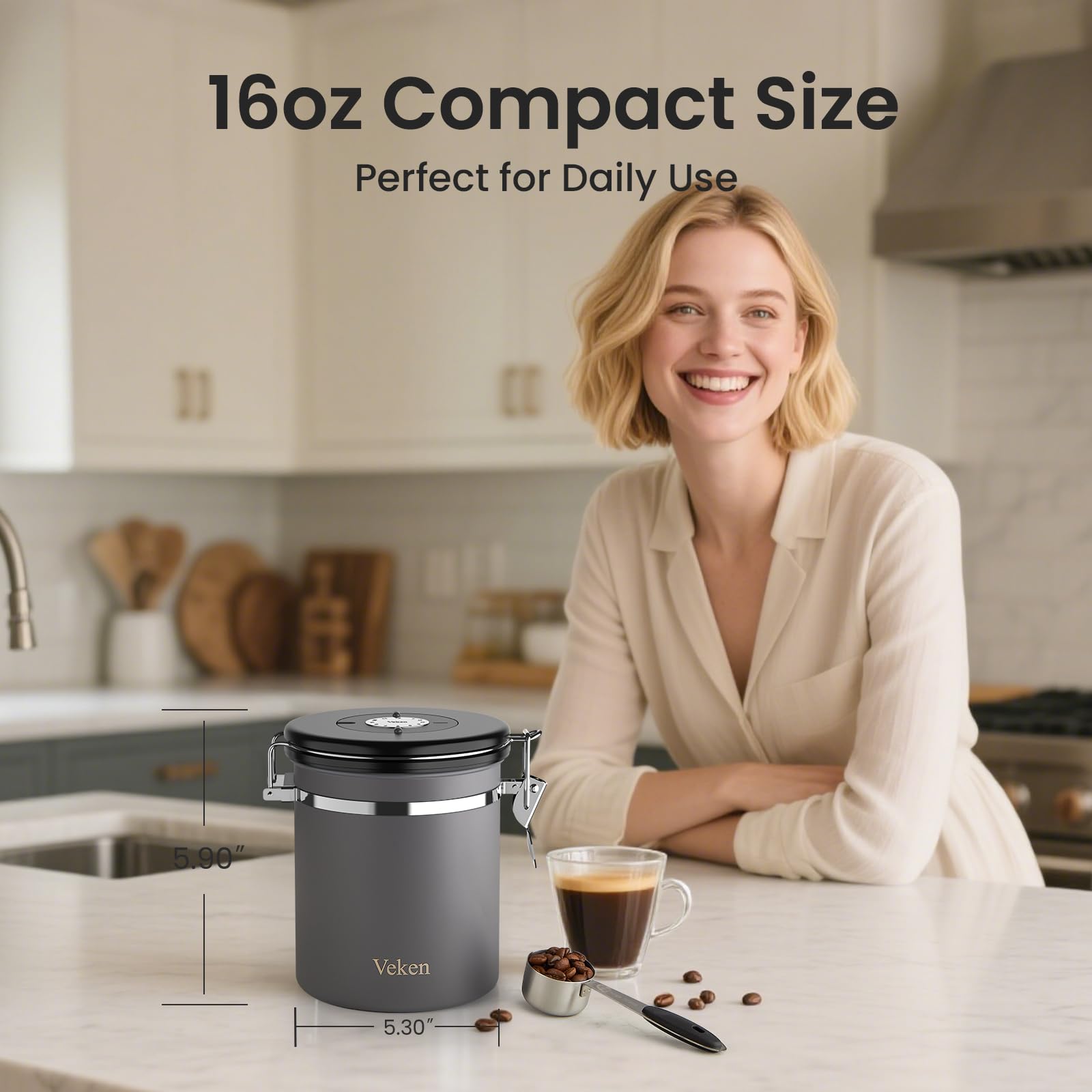 Veken coffee canister highlighting CO2 valve protects flavor from oxidation.