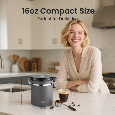 Veken coffee canister highlighting CO2 valve protects flavor from oxidation.