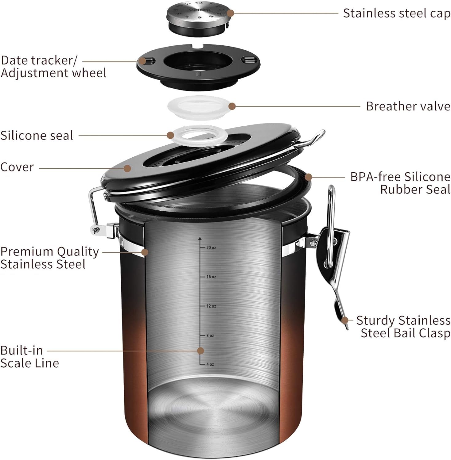 Veken coffee canister includes a free scoop for quick, mess-free measuring.