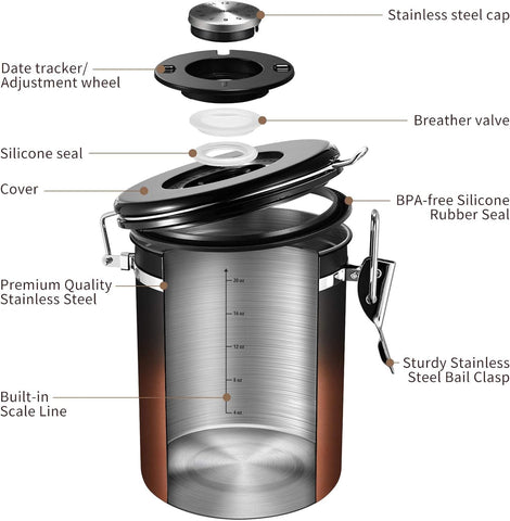 Veken coffee canister includes a free scoop for quick, mess-free measuring.