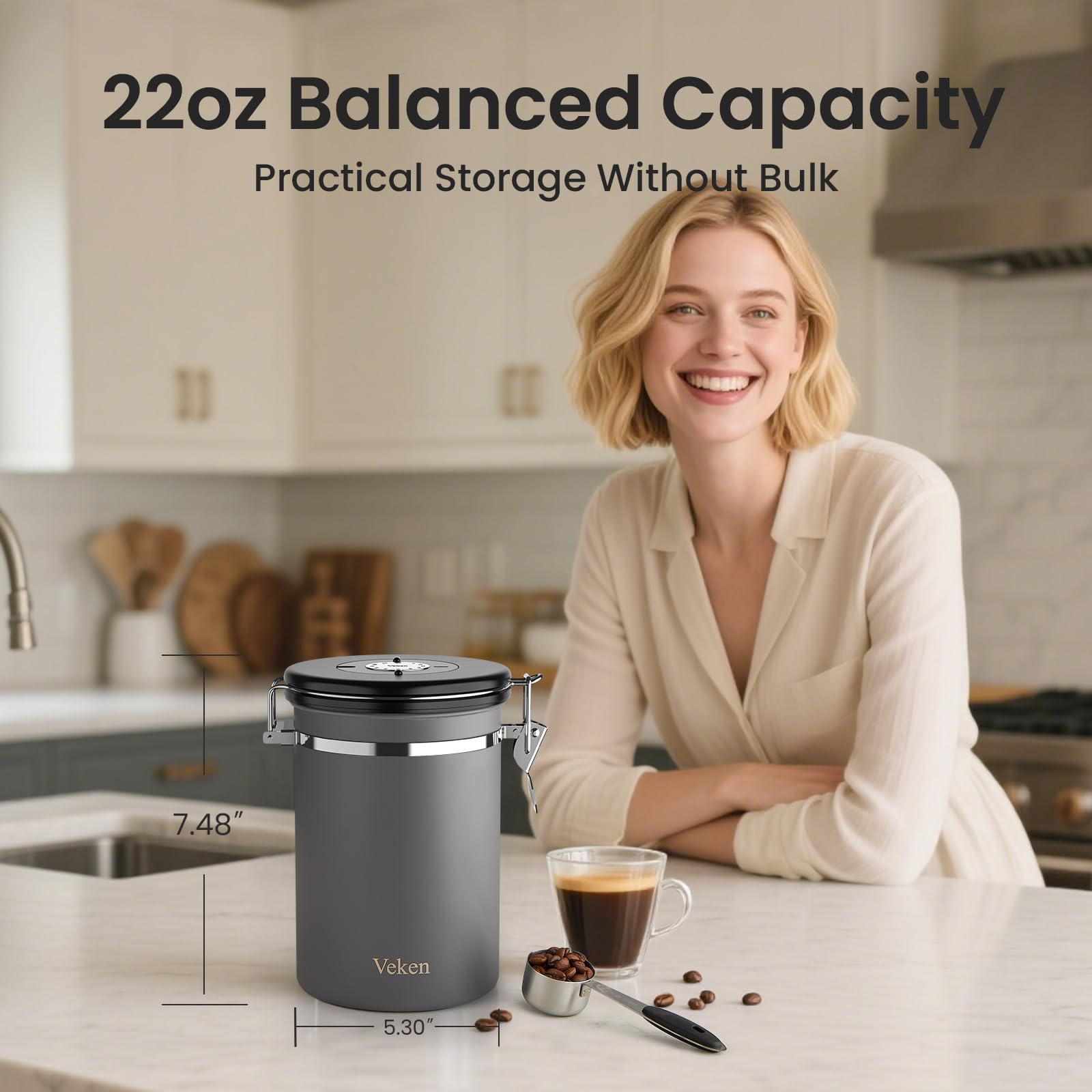 Veken coffee canister lid features a date tracker for freshness reminders.