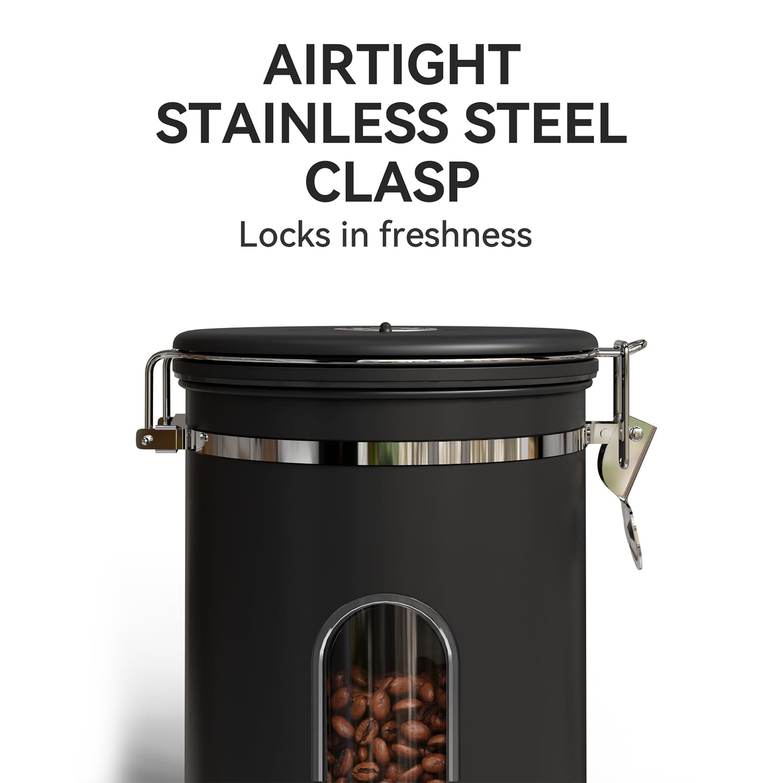 Free stainless steel scoop attaches to a hook.